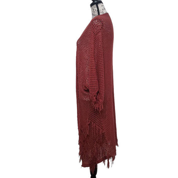 Dee Elly Burnt Orange Brown Crochet Cover Up Kimono Wrap Festival Fringe Small - Picture 8 of 11